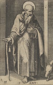 Szent Antal, egy bot a jobb kezében, a Piccoli Santi sorozatból, a Small ..., kb. 1500-1527. alkotó: Marcantonio Raimondi