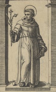 Páduai Szent Antal áll, felemelt jobbjában liliomok, ..., kb. 1500-1527. alkotó: Marcantonio Raimondi