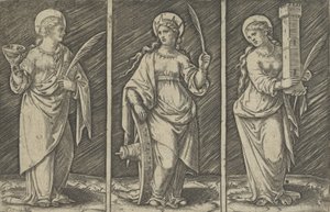 Szent Borbála balra, Szent Katalin, középen, Saint Lucy jobbra, kb. 1500-1527., kb. 1500-1527. alkotó: Marcantonio Raimondi