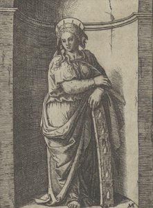 Szent Katalin egy fülkében áll, keréken nyugszik, kínzóeszköze..., kb. 1500-1527. alkotó: Marcantonio Raimondi
