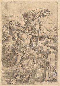 Szent Kristóf átkel a folyón Krisztussal puttony formájában a..., kb. 1500-1534. alkotó: Marcantonio Raimondi