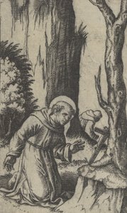 Assisi Szent Ferenc feszület előtt imádkozik, a Piccoli Santi... sorozatból, kb. 1500-1527. alkotó: Marcantonio Raimondi
