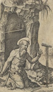 Szent Jeromos egy feszület előtt térdel, a Piccoli Santi sorozatból Small S..., kb. 1500-1527. alkotó: Marcantonio Raimondi