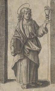 Szent János, könyv a jobb oldali kehelyben a bal oldalon, a „Piccoli Santi” sorozatból ..., kb. 1500-1527. alkotó: Marcantonio Raimondi