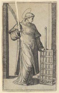 Szent Lőrinc, bal kézzel rácson pihenve, a Piccoli Santi Sm... sorozatból, kb. 1500-1527. alkotó: Marcantonio Raimondi