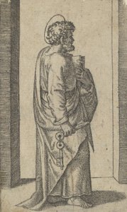 Szent Péter, kulcsok a jobb kézben, könyv a bal oldalon, jobbra fordítva, a „Pic...” sorozatból, kb. 1500-1527. alkotó: Marcantonio Raimondi