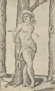 Szent Sebestyén nyilakkal áttört fához kötve, a Piccoli Santi... sorozatból, kb. 1500-1527. alkotó: Marcantonio Raimondi