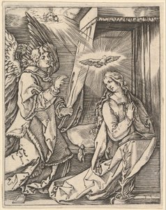 Az Angyali üdvözlet, bal oldalon Gábriel arkangyal közeledik az imádkozó Szűzhöz..., kb. 1500-1534. alkotó: Marcantonio Raimondi
