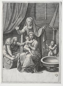A Szűz és a bölcső Szent Erzsébettel és Szent Annával, 1520. alkotó: Marcantonio Raimondi