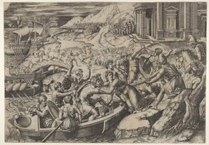 Helen elrablása, csatajelenet a parton, ahol két férfi belerángat Helent egy b..., kb. 1520-27. alkotó: Marcantonio Raimondi