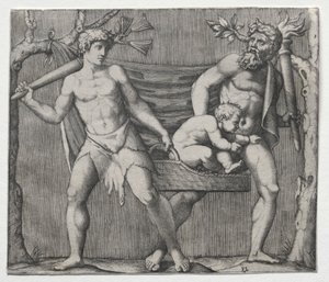 Két faun gyermeket cipel egy kosárban alkotó: Marcantonio Raimondi