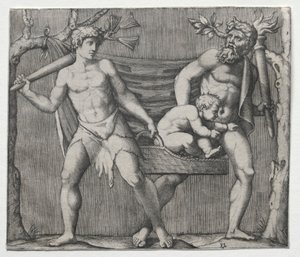Két faun gyermeket cipelő kosárban, c. 1513-1515. alkotó: Marcantonio Raimondi