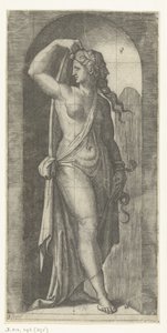 Prudence-t (Prudentia) megszemélyesítő nő kígyóval és maszkkal Hét erény (sorozat címe) alkotó: Marcantonio Raimondi