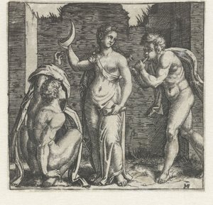 Vrouw met halve maan geflankeerd door faun blazend op hoorn en hurkende man   1360693   hu       hungarian Successfully Translated  Original: The Mother and Sister of the Artist Translat: The Mother and Sister of the Artist 1219528 hu hungarian Successfull alkotó: Marcantonio Raimondi