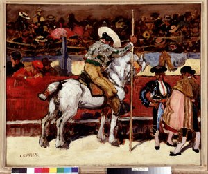 Picador és matador a bikaviadal színterén. Marcel Leprin (1891-1931) festménye Dim. 50x61 cm Kötelező említés: Collection fondation regards de Provence, Marseille