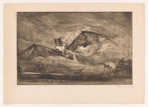 Éjszakai táj denevérszerű lényekkel Bête du soir (cím a tárgyon) alkotó: Marcel Roux (signed by artist)