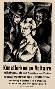 Plakát a Cabaret Voltaire megnyitójáról 1916-02-05-én - Marcel Slodki (1892-1944). Litográfia alkotó: Marcel Slodki