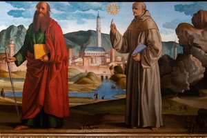 Szent Ferenc, aki átveszi a stigmákat Szent Klára és Péter, az áldott Breganzei Bartolomeo, valamint Szent Pál és Bernardino között, részlet