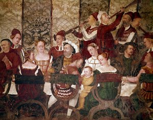 I. Keresztény dán király a Bartolomeo Colleoni által rendezett banketten. Részlet a meghívókról (freskó, 1480 körül)