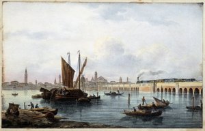 A híd a lagúnán a „Velence főbb nézeteinek albumában”” rajzolta Marco Moro, szerk. Gio Brize-Ghel n.d 1840. kb. alkotó: Marco (after) Moro