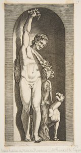 Egy fülkében álló faun jobb kezével egy szőlőfürtöt tart a magasban, és ..., kb. 1515-27. alkotó: Marco Dente