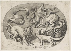 Egymással harcoló oroszlán, sárkány és róka, felül feliratos banderola, ovális c..., kb. 1515-27. alkotó: Marco Dente