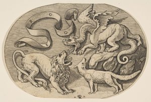 Egymással harcoló oroszlán, sárkány és róka, felül feliratos banderola, ovális c..., kb. 1515-27.