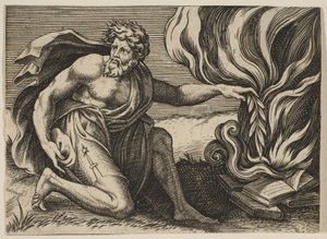 Egy férfi térdel, és babérágat tesz egy halom égő könyvre, kb. 1515-27. alkotó: Marco Dente