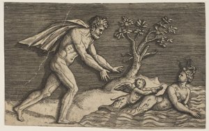 Egy meztelen férfi, aki egy naiádot és egy cupidót a vízbe nyom, kb. 1515-27.