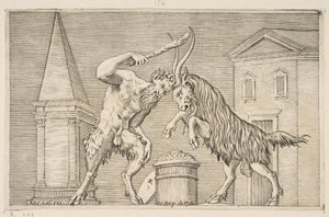 Egy szatír és egy kos egymásra támad, a szatír bottal hadonászik a jobb ha..., kb. 1515-27. alkotó: Marco Dente