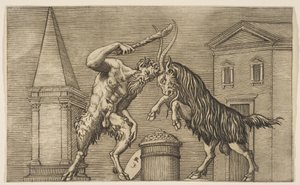 Egy szatír és egy kos egymásra támad, a szatír bottal hadonászik jobbjával ha..., kb. 1515-27.