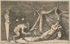 Egy szatír felfedez egy alvó nőt, két rákot lógnak egy kötélen, ami fel van feszítve..., kb. 1515-27.