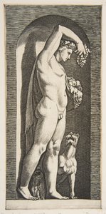 Bacchus egy fülkében áll, felemelt jobb kezében szőlőt, lében gyümölcsöt..., kb. 1515-27. alkotó: Marco Dente