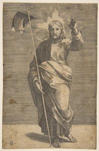 Krisztus arccal előre áll, zászlós keresztet tart és balját felemeli..., kb. 1515-27. alkotó: Marco Dente