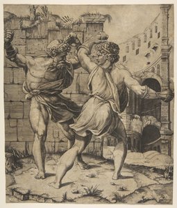 Entellus és Dares harca a klasszikus romok előtt, 1520-25. alkotó: Marco Dente