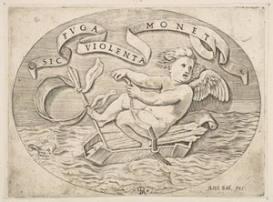 Erósz a tengeren menekülve, Ámor az íjával meghajt egy csónakot, amely a tegez eszéből készült..., kb. 1515-27. alkotó: Marco Dente