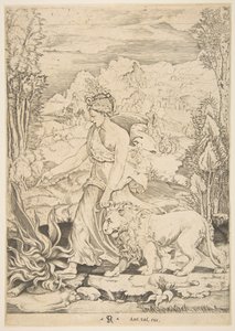 Erősség profilnézetben balra egy tűz felé sétálva, és egy felerősített liont vezet..., kb. 1515-27. alkotó: Marco Dente