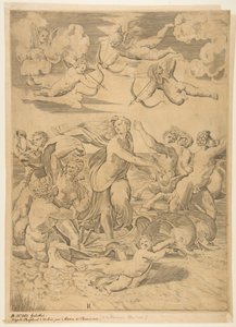 Galatea lovaglás egy kagylóban, amelyet delfinek húztak át a vízen, alatta egy Ámor és f..., kb. 1515-27. alkotó: Marco Dente