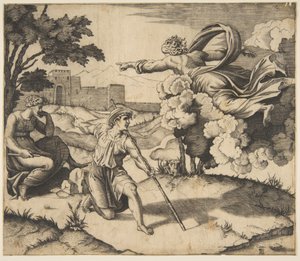 Isten megjelenik Izsáknak, a felhőkben lebegő Isten az alatta ülő Rebecca felé mutat..., kb. 1515-27. alkotó: Marco Dente