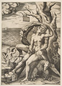 Jupiter és Semele ölelkeznek, alattuk egy sas, jobbra egy fa üres t..., kb. 1515-27.