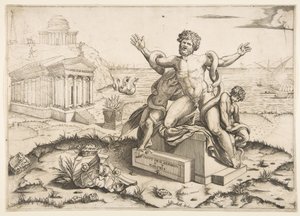 Laocoönt és két fiát kígyók támadják meg egy talapzaton, egy Mi...-i templomban, kb. 1515-27. alkotó: Marco Dente