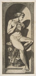 Az Olympus meztelenül egy fatönkön ülve, csöveket tartva, egy fülkében, kb. 1515-27. alkotó: Marco Dente