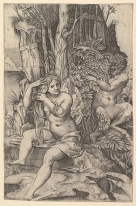 Pan kémkedik a sziklán ülő, haját fésülködő Syrinx nimfára, kb. 1516-20. alkotó: Marco Dente