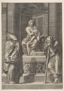 Balra Szent József és jobbra egy püspök áll a Szűz oltára előtt..., kb. 1515-27. alkotó: Marco Dente