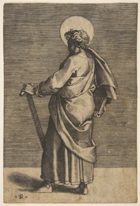 Szent Simon áll balra, kezében egy fűrész és egy könyv, kb. 1515-27. alkotó: Marco Dente