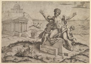 Római pompás tükör: ókori domborművek Laocoon-nal, kb. 1516-20 . alkotó: Marco Dente