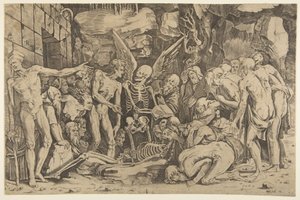 A csontvázak, a lesoványodott férfiak és nők csoportja egy csontváz körül gyűlt össze, amelyet 1515-27-ben fektettek le....