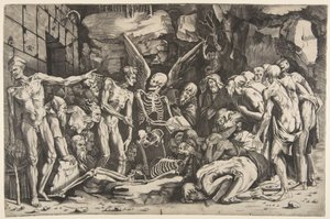 A csontvázak, a lesoványodott férfiak és nők csoportja egy csontváz körül gyűlt össze, amelyet 1515-27-ben fektettek le....