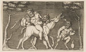 Két szatír, akik Silenust egy háborgó öszvérre helyezik, és egy harmadik szatír jobbra, kb. 1515-27.