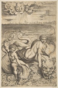 Vénusz és Ámor két tengeri szörnyen lovagolnak, Ámor nyilat emel a jobb kezébe, t..., kb. 1515-27. alkotó: Marco Dente